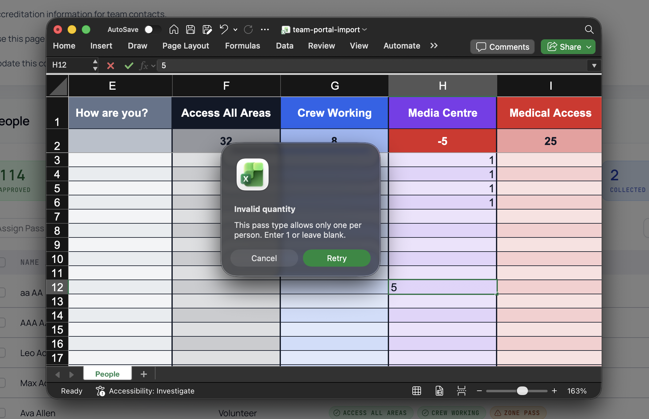 Excel Showing an Accreditation Upload Sheet